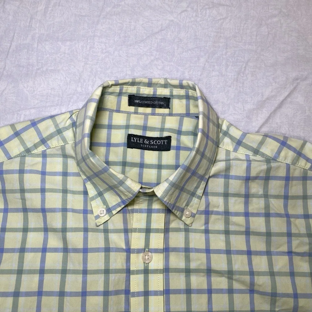 Lyle & Scott Button Down Shirt Mens XL (Est No Size Tag) Green Blue Plaid Cotton